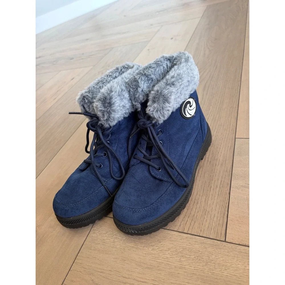 Navy Blue Faux Suede Faux Fur Trim Lace Up Winter Ankle Boots Size 36 GO Logo